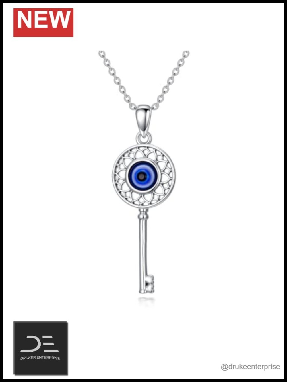 925 Sterling Silver Evil Eye Key Pendant Necklace Protection Charm